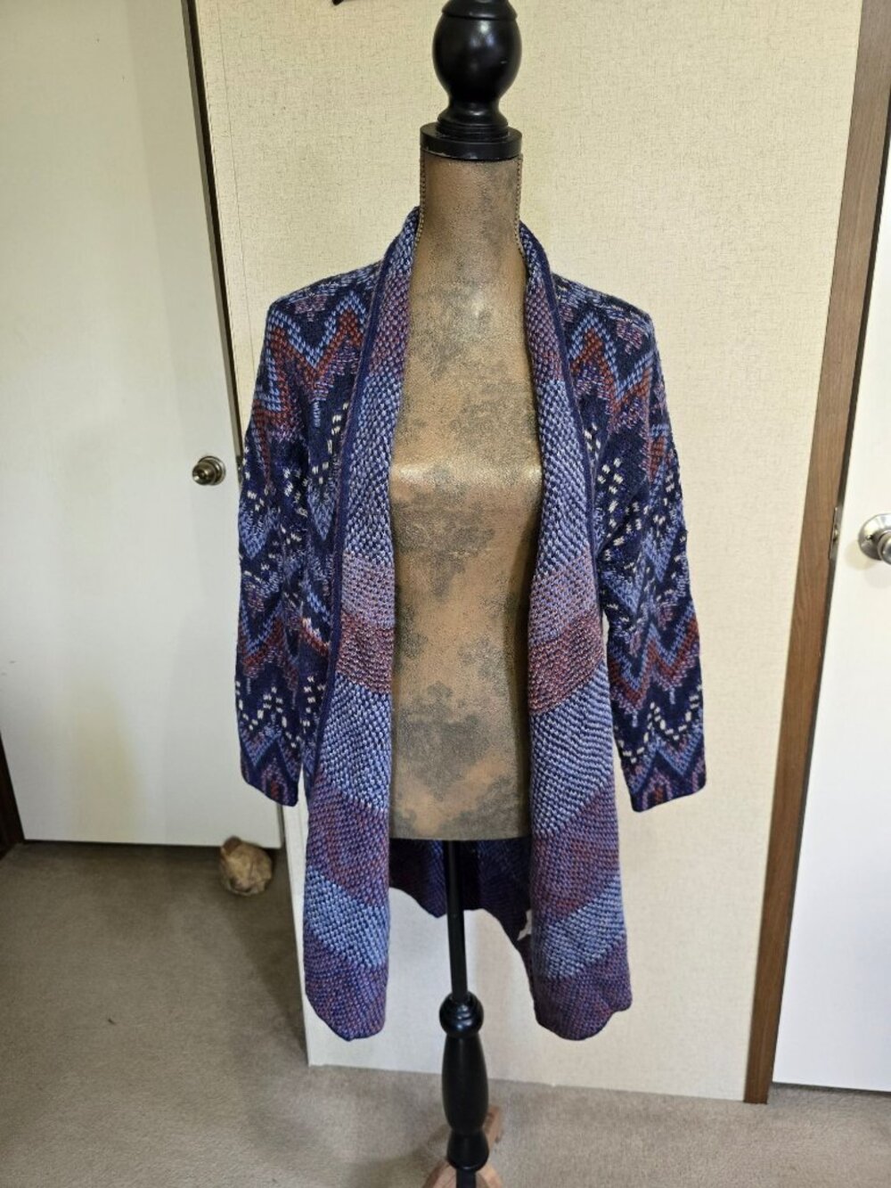 Lucky Brand Large Open Front Cardigan Sweater Boho Chevron Pattern